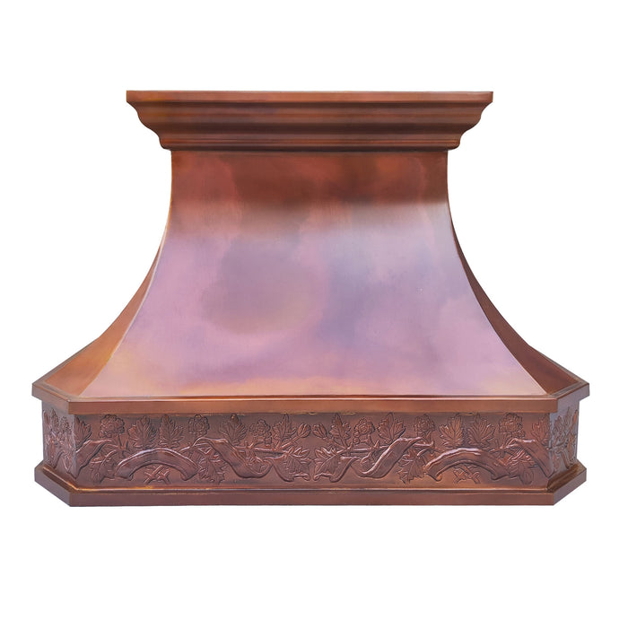 fired copper custom kitchen range hoods curved corner with hand hammered apron pattern from RangeHoodMaster