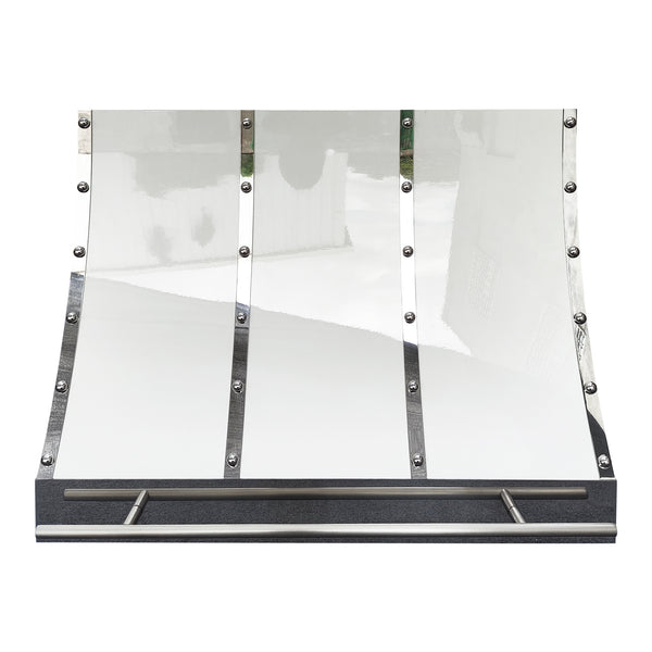 painted stainless steel range hood in glossy white finish and polished stainless steel straps and large rivets with brushed stainless steel pot rail slope design at rangehoodmaster