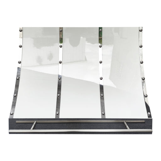 painted stainless steel range hood in glossy white finish and polished stainless steel straps and large rivets with brushed stainless steel pot rail slope design at rangehoodmaster