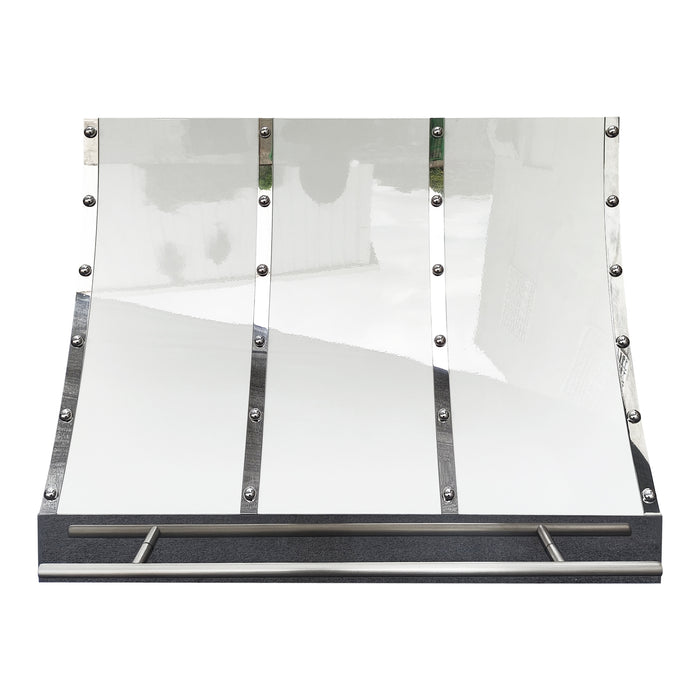 painted stainless steel range hood in glossy white finish and polished stainless steel straps and large rivets with brushed stainless steel pot rail slope design at rangehoodmaster