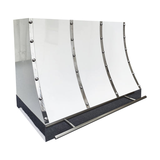 painted stainless steel range hood in glossy white finish and polished stainless steel straps and large rivets with brushed stainless steel pot rail slope design at rangehoodmaster