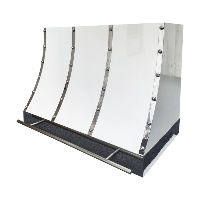 painted stainless steel range hood in glossy white finish and polished stainless steel straps and large rivets with brushed stainless steel pot rail slope design at rangehoodmaster