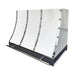painted stainless steel range hood in glossy white finish and polished stainless steel straps and large rivets with brushed stainless steel pot rail slope design at rangehoodmaster