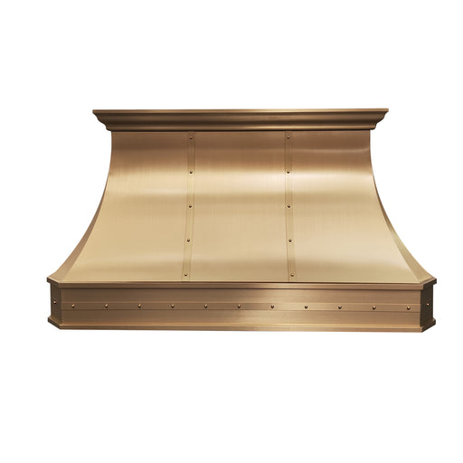 RangeHoodMaster custom brass kitchen range hoods in brushed brass with straps and rivets warm feeling at Flo Rida
