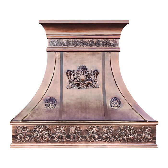 custom copper range hood curved shape with crown and standing seams in 100% hand hammered pattern at rangehoodmaster