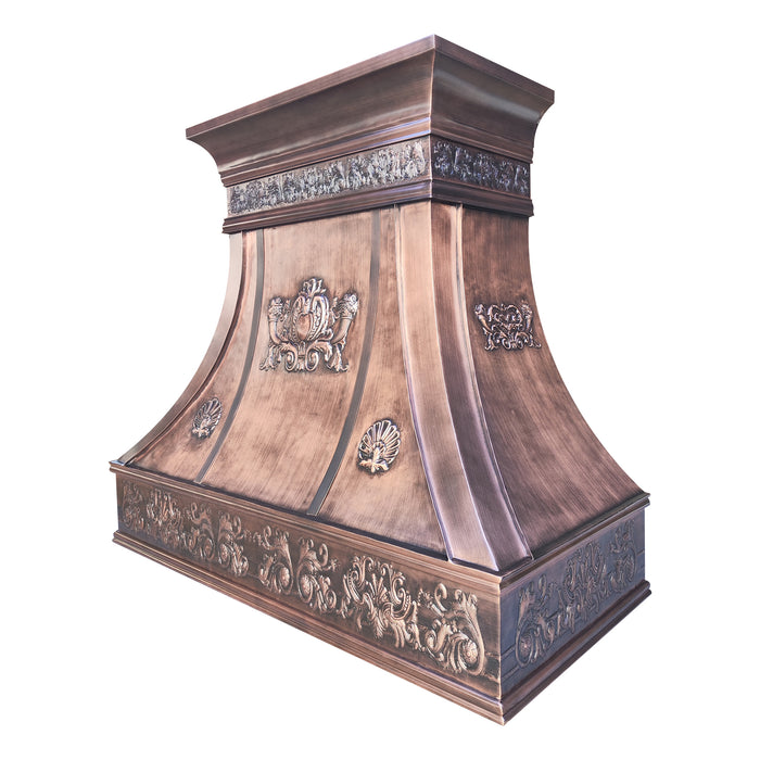 RHM Handcrafted Luxury Copper Curved Kitchen Hood with Cusom Motif and Seams CT-VH07-LF01