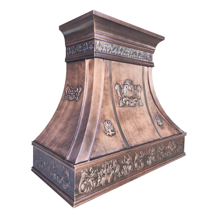 custom copper range hood curved shape with crown and standing seams in 100% hand hammered pattern at rangehoodmaster