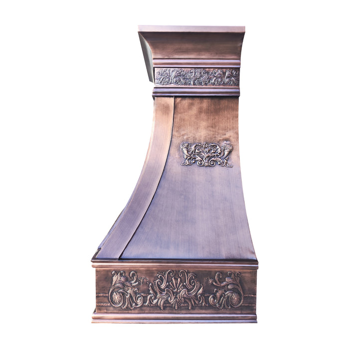RHM Handcrafted Luxury Copper Curved Kitchen Hood with Cusom Motif and Seams CT-VH07-LF01