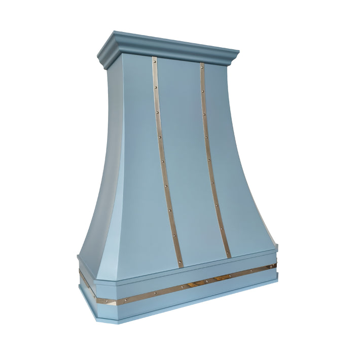 rangehoodmaster custom handcrafted range hood with polished stainless steel straps and rivets