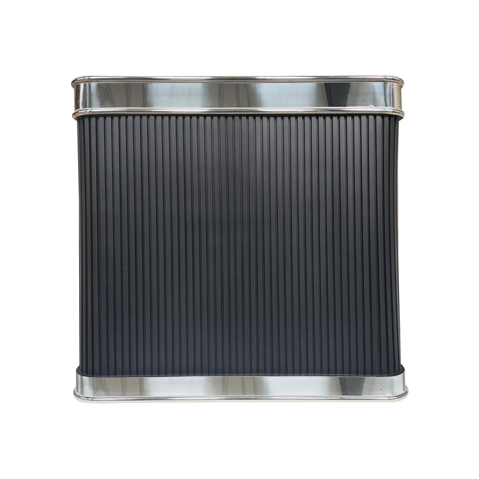 matte black stainless steel custom range hood with ribbed design with polished stainless steel crown and apron handmade at rangehoodmaster