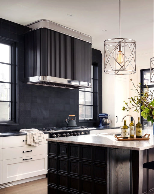 matte black stainless steel custom range hood with ribbed design with polished stainless steel crown and apron handmade at rangehoodmaster