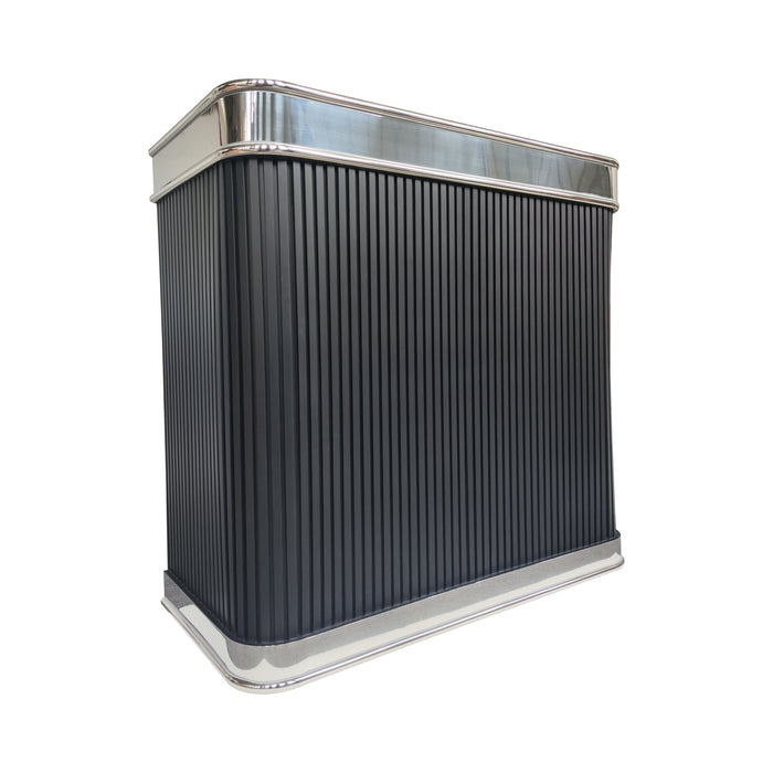matte black stainless steel custom range hood with ribbed design with polished stainless steel crown and apron handmade at rangehoodmaster