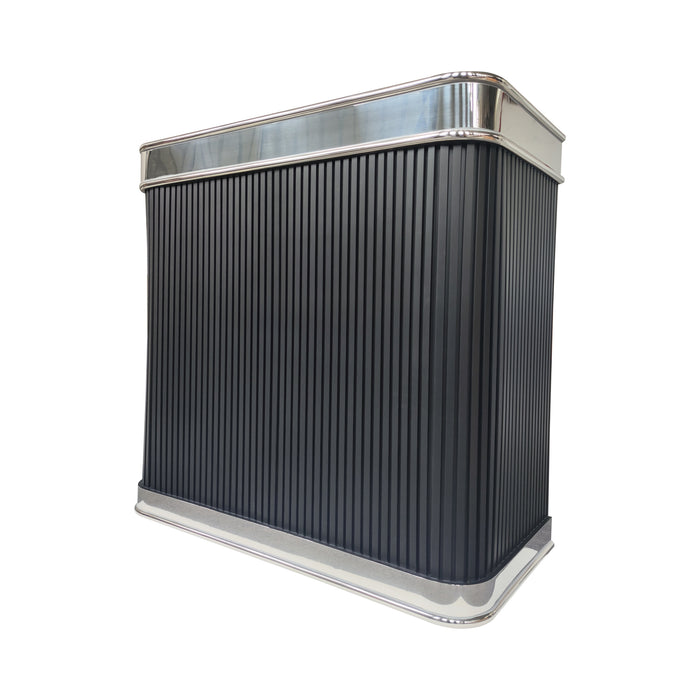 matte black stainless steel custom range hood with ribbed design with polished stainless steel crown and apron handmade at rangehoodmaster