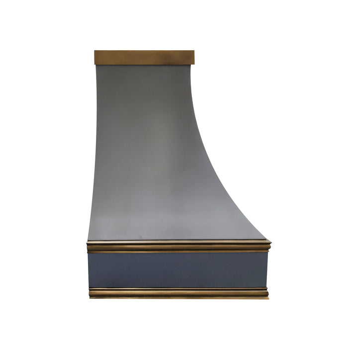 RHM Industrial Custom Zinc Range Hood with Polished Brass Trims and Crown ZH7-N1PB3