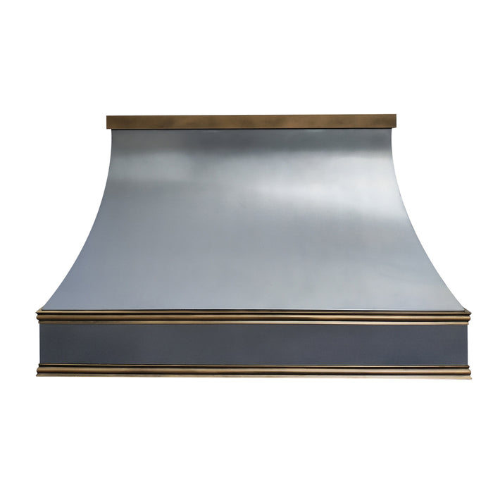 RHM Industrial Custom Zinc Range Hood with Polished Brass Trims and Crown ZH7-N1PB3