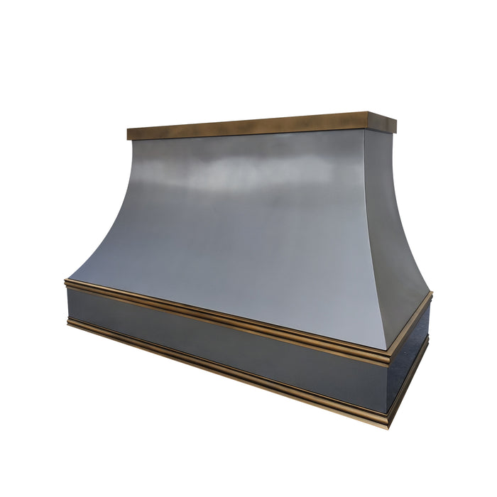 RHM Industrial Custom Zinc Range Hood with Polished Brass Trims and Crown ZH7-N1PB3