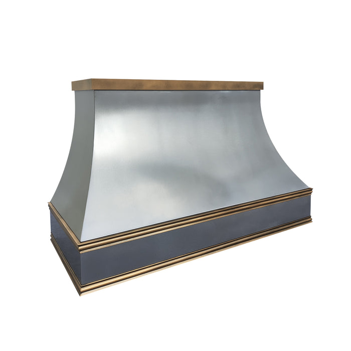 RHM Industrial Custom Zinc Range Hood with Polished Brass Trims and Crown ZH7-N1PB3