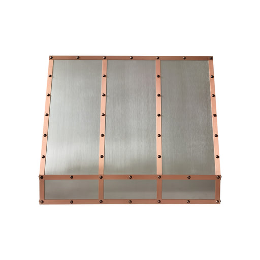 custom brushed stainless steel range hood with copper straps and rivets at rangehoodmaster