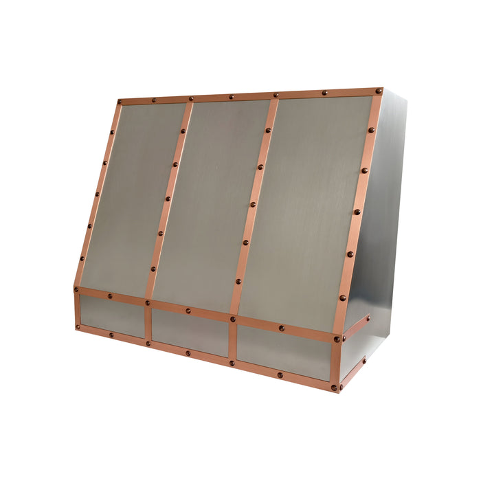 custom brushed stainless steel range hood with copper straps and rivets at rangehoodmaster