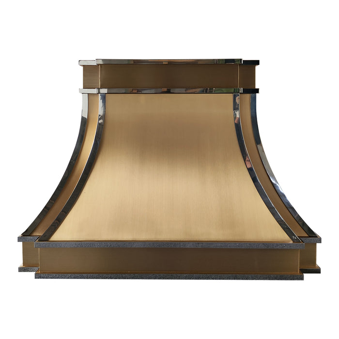 RangeHoodMaster custom brass kitchen range hoods in brushed brass with polished stainless steel straps modern curve design from Chicago