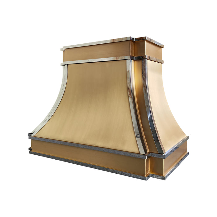 RangeHoodMaster custom brass kitchen range hoods in brushed brass with polished stainless steel straps modern curve design from Chicago