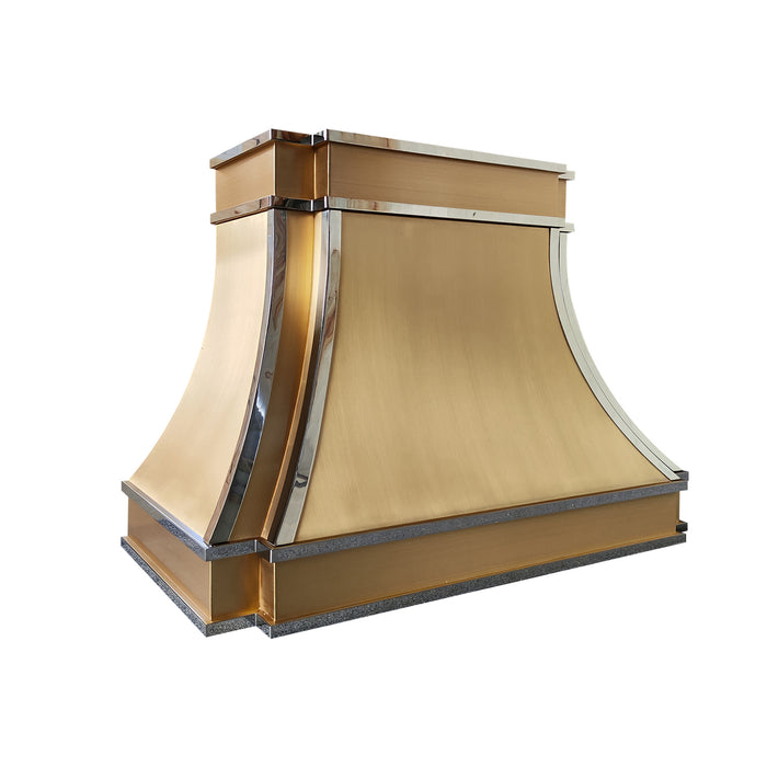 RangeHoodMaster custom brass kitchen range hoods in brushed brass with polished stainless steel straps modern curve design from Chicago