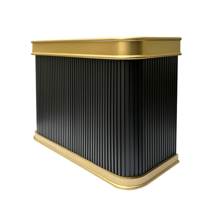 custom flute range hood made in black painted stainless steel with brass trims at RangeHoodMaster