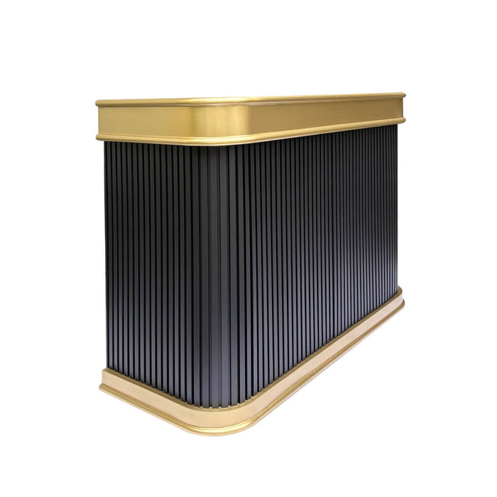 custom flute range hood made in black painted stainless steel with brass trims at RangeHoodMaster