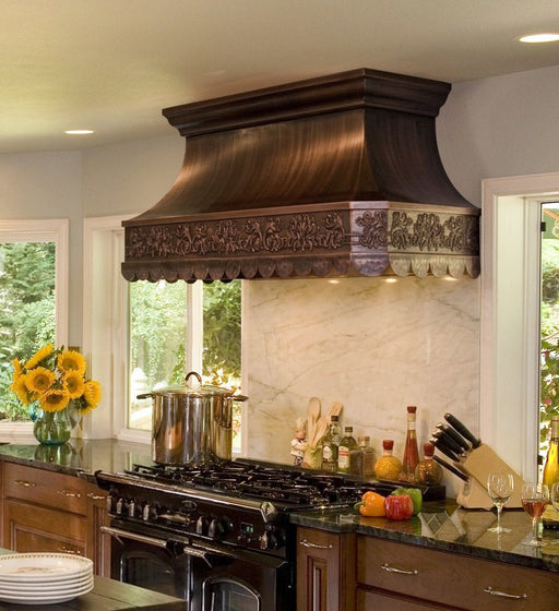 Luxury scalloped edge antique color copper range hood with chariot pattern handmade at ragnehoodmaster