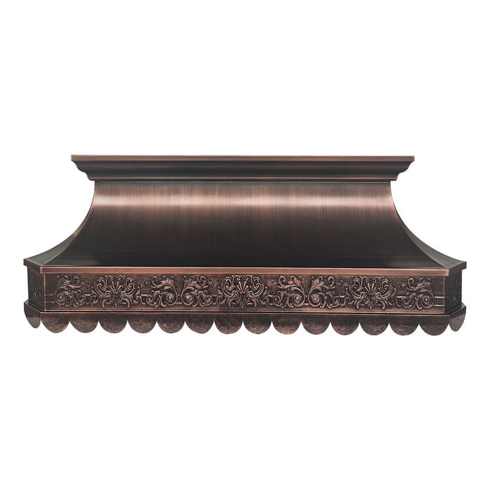 Luxury scalloped edge antique color copper range hood with chariot pattern handmade at ragnehoodmaster