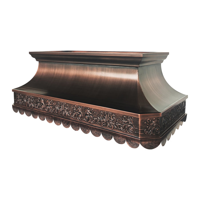 Luxury scalloped edge antique color copper range hood with chariot pattern handmade at ragnehoodmaster