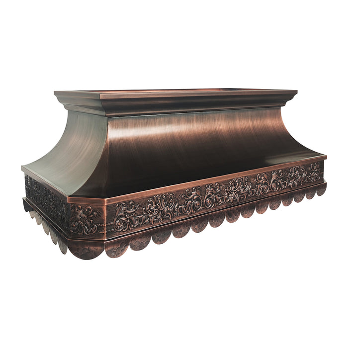 Luxury scalloped edge antique color copper range hood with chariot pattern handmade at ragnehoodmaster
