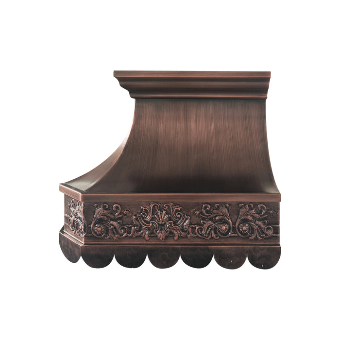 RHM Luxury Custom Copper Range Hood with Scalloped Edge and Chariot Pattern CT-VH03SC