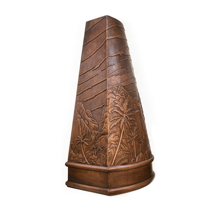 handmade copper range hood with antique palm tree design at rangehoodmaster