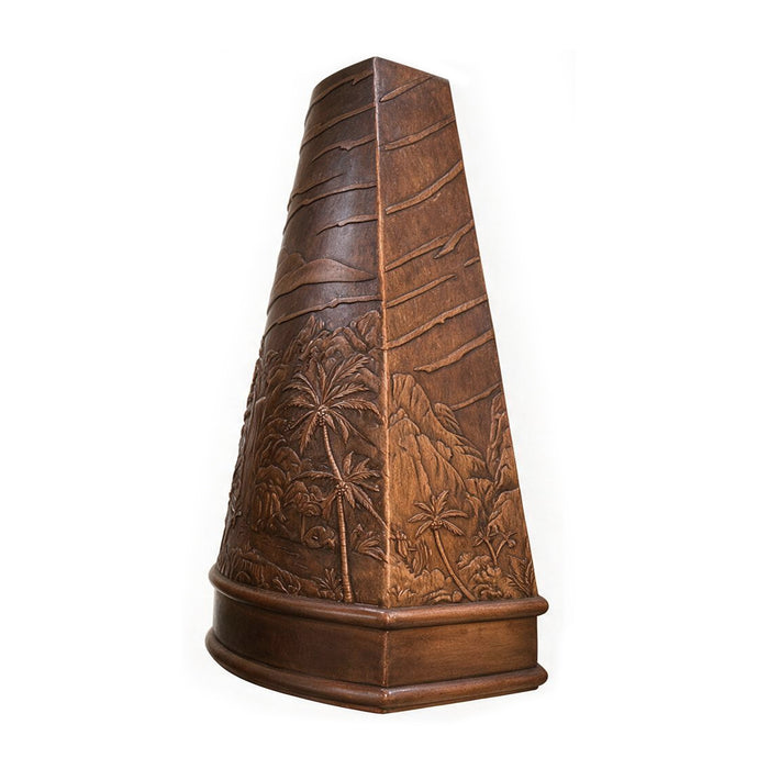 handmade copper range hood with antique palm tree design at rangehoodmaster
