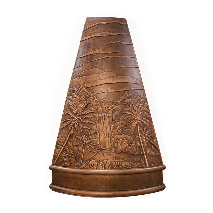handmade copper range hood with antique palm tree design at rangehoodmaster