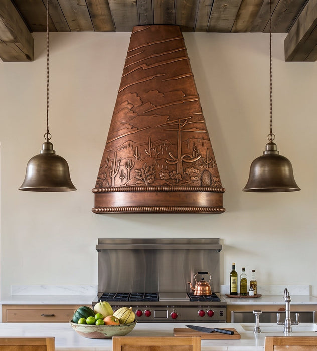 handmade copper range hood with antique palm tree design at rangehoodmaster