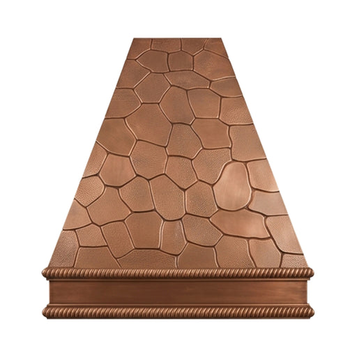 handmade copper range hood with hand hammered rock pattern at rangehoodmaster
