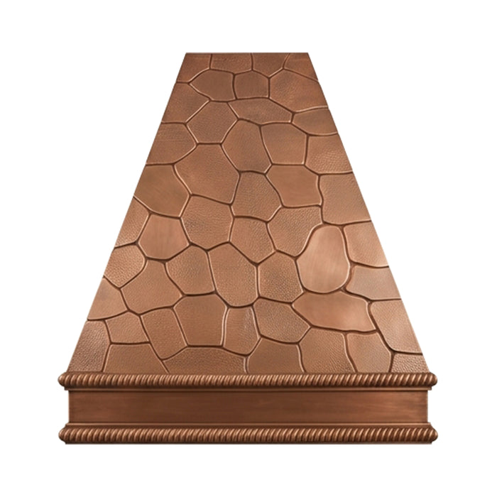 handmade copper range hood with hand hammered rock pattern at rangehoodmaster