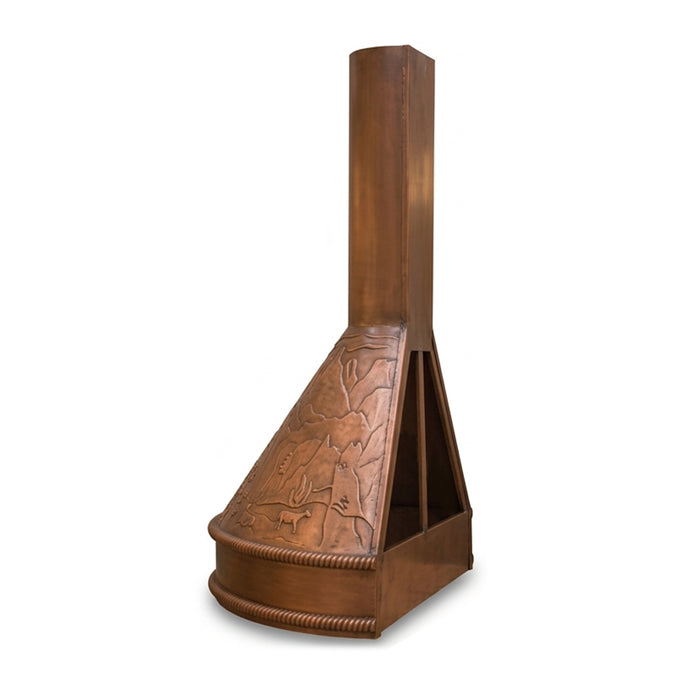 handmade copper range hood with mountain deer design