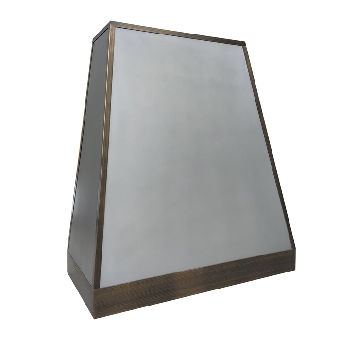 taper shape matte stainless steel range hood with antique brushed brass straps and apron at RangeHoodMaster