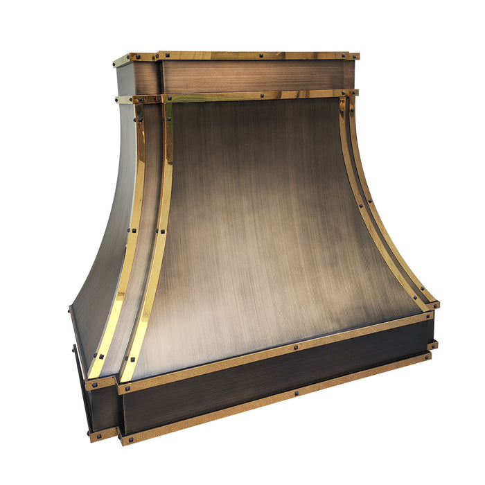 custom brass range hood in luxury brushed antique brass finish with polished brass straps and black square rivets at RangeHoodMaster