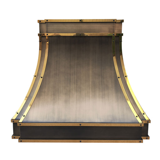 custom brass range hood in luxury brushed antique brass finish with polished brass straps and black square rivets at RangeHoodMaster