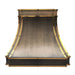 custom brass range hood in luxury brushed antique brass finish with polished brass straps and black square rivets at RangeHoodMaster