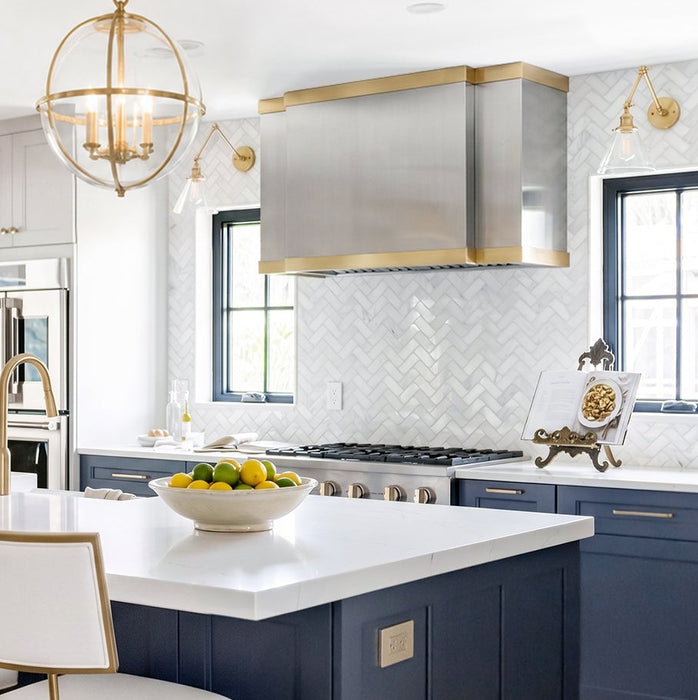 brushed stainless steel range hood with brushed brass straps box shape hood at range hood master