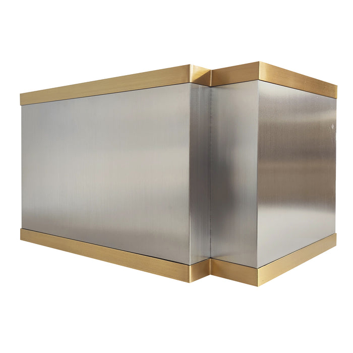 brushed stainless steel range hood with brushed brass straps box shape hood at range hood master