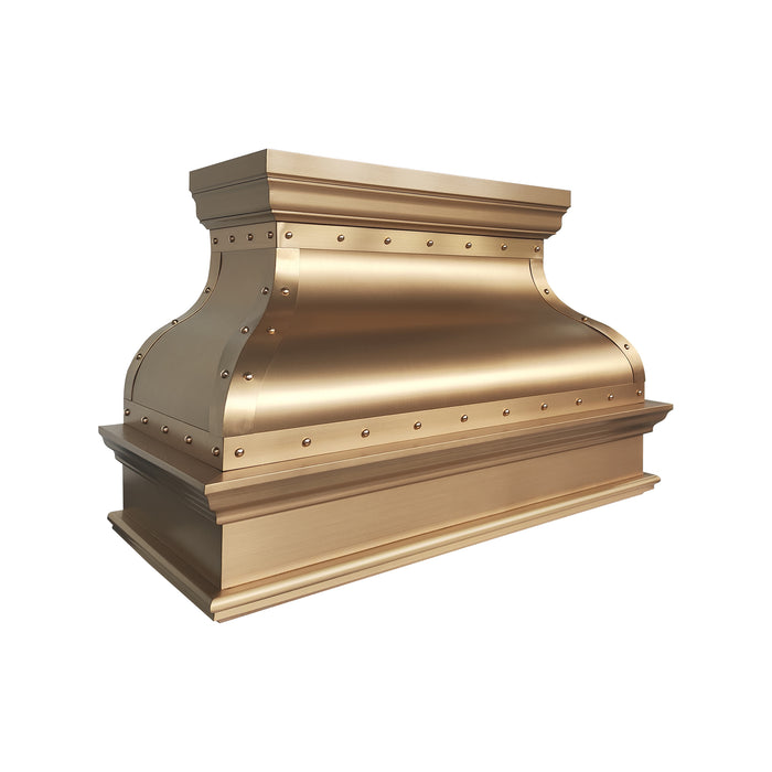 Handcrafted brass bell shape vent hood paired with straps and rivets
