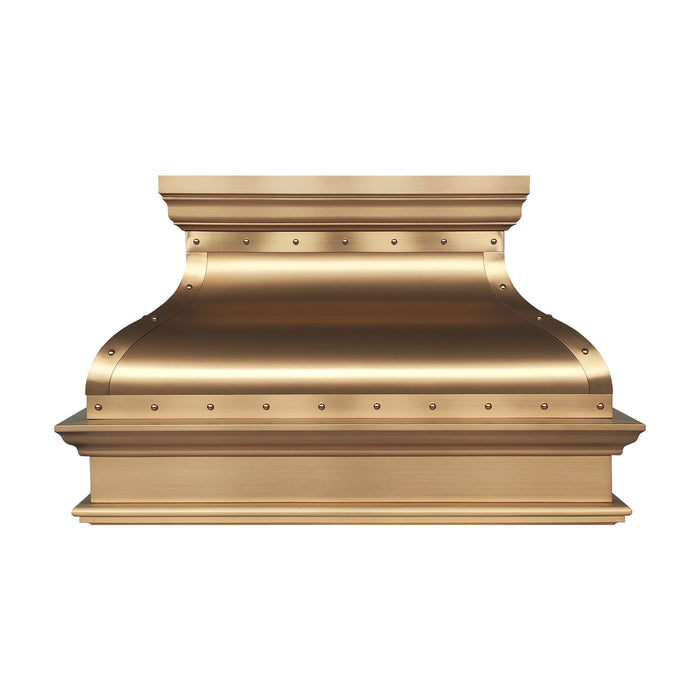Decorative brushed brass range hood with straps & rivets