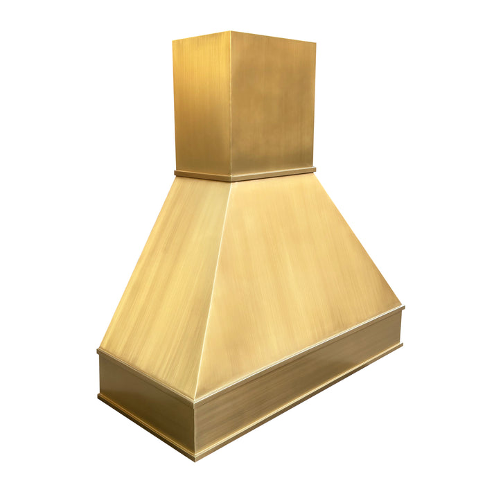 RangeHoodMaster custom chimney style kitchen range hoods with accent trims in brushed brass color