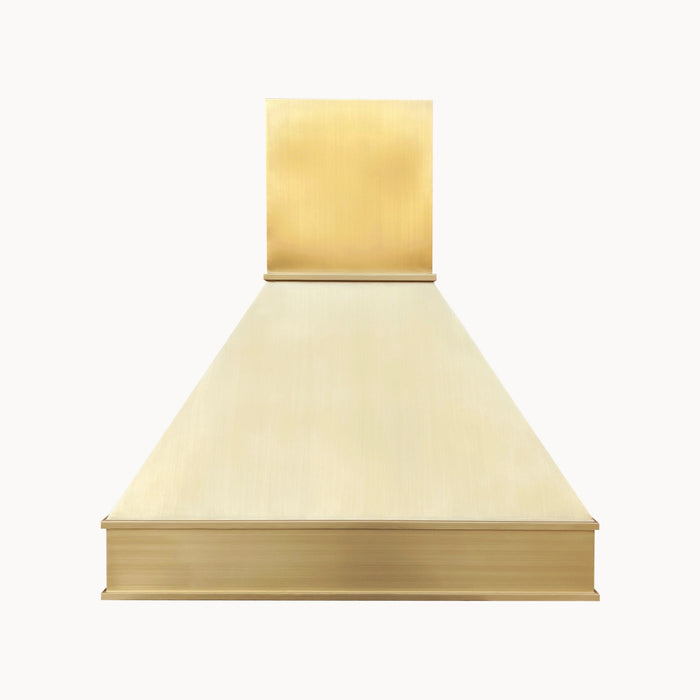 RangeHoodMaster custom chimney style kitchen range hoods with accent trims in brushed brass color